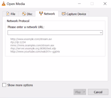 Official VLC Open Media screenshot with the Network tab and network URL field