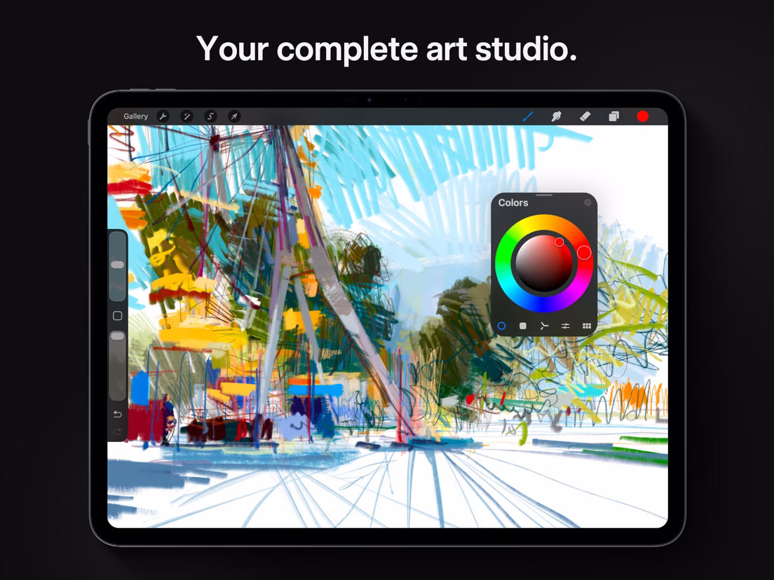Procreate iPad studio preview with brush interface and color wheel