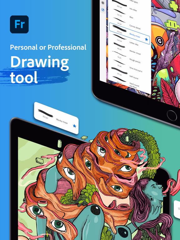 Adobe Fresco iPad App Store preview highlighting drawing tools