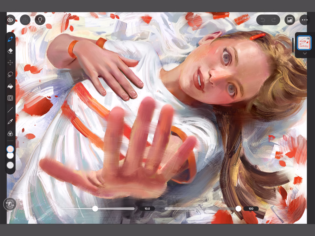 Clip Studio Paint iPad interface with illustration tools around a painting