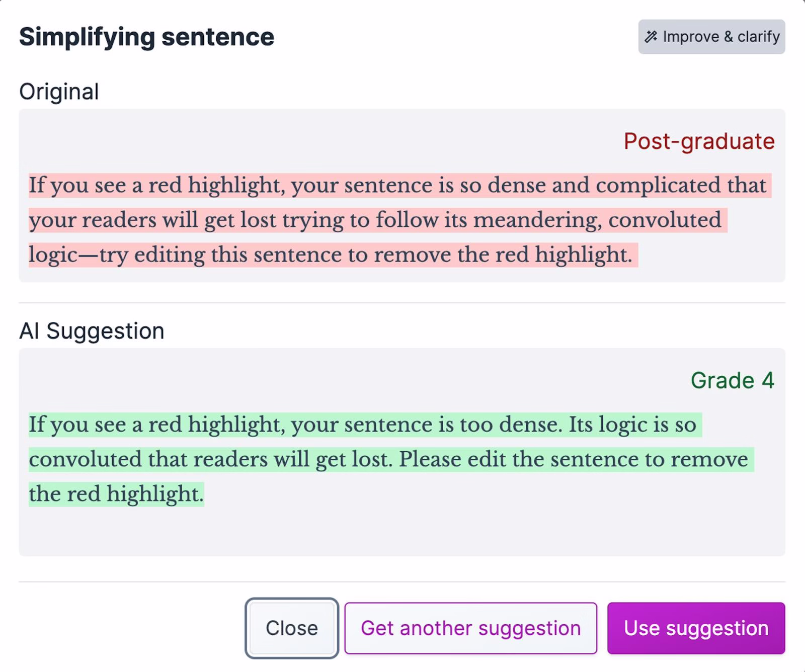 Hemingway Editor Plus screen simplifying a highlighted sentence