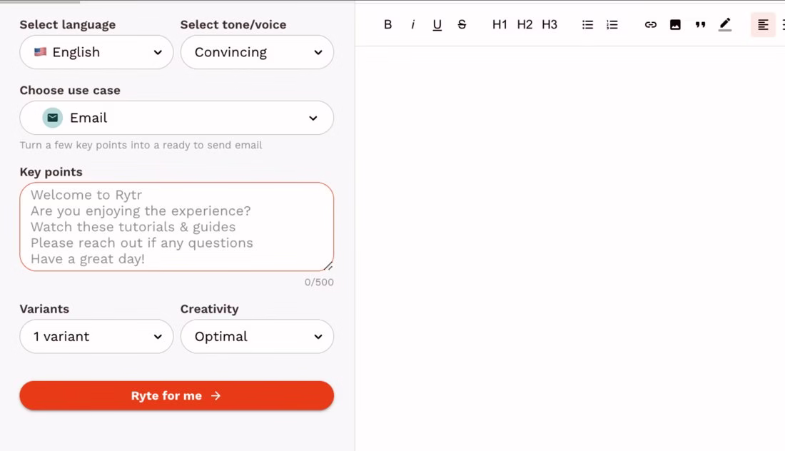 Rytr product preview or app interface