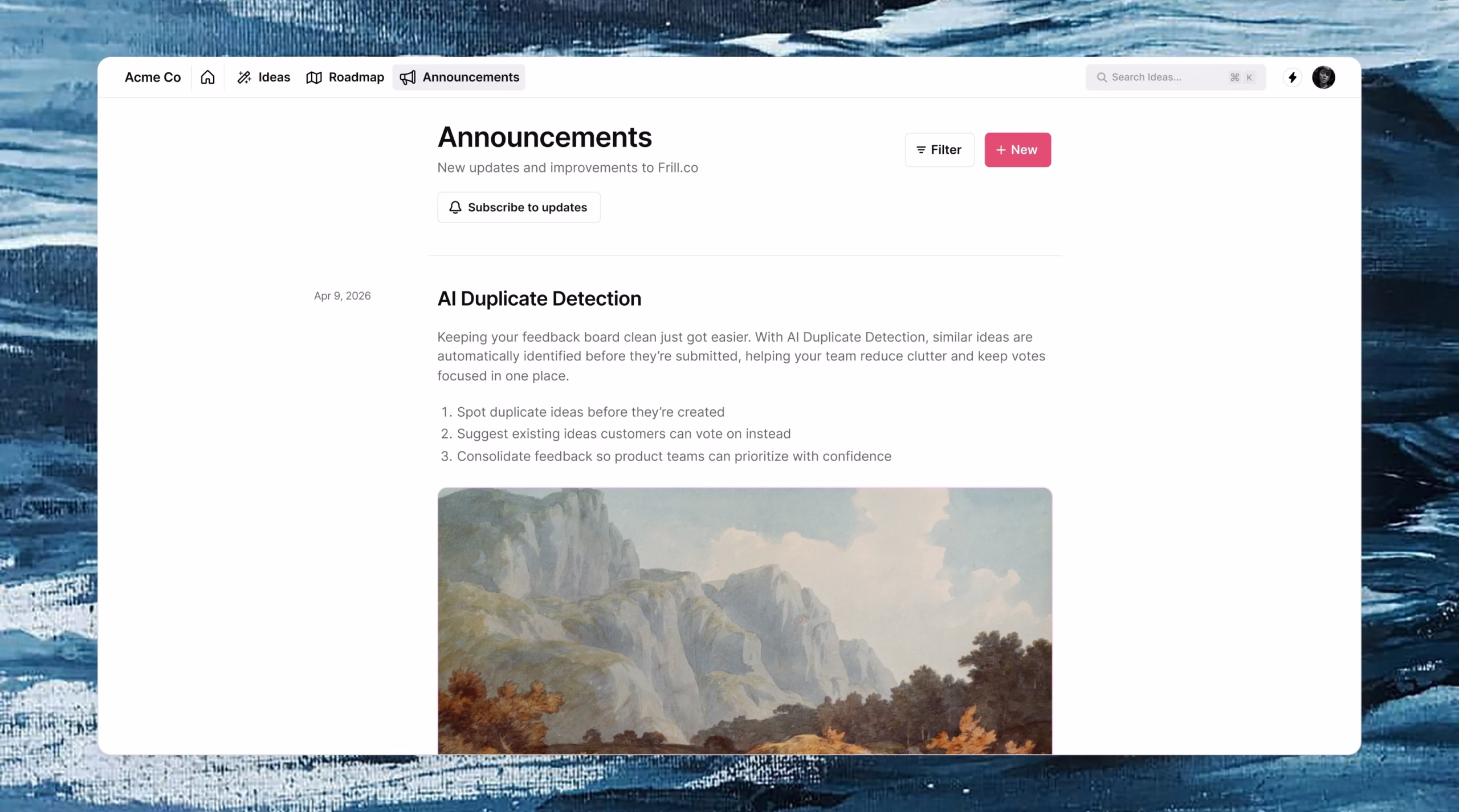 Frill announcements page with a published product update