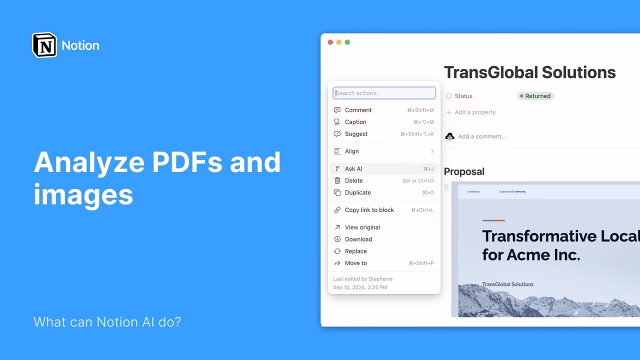 Notion AI analyzing a document, official Notion screenshot