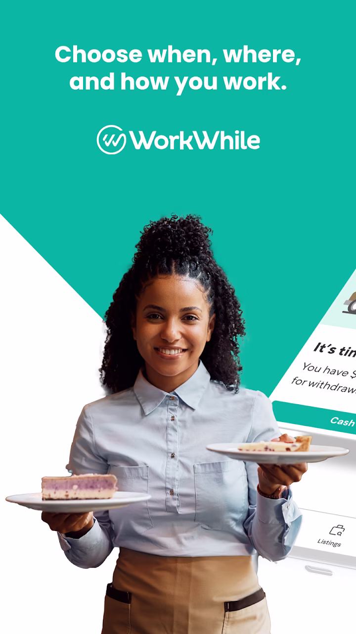 Official WorkWhile Google Play preview showing a flexible-work message and worker image