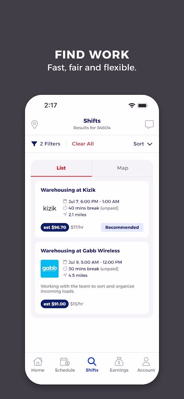 Official Bacon Google Play screenshot showing a list of local shifts in the app