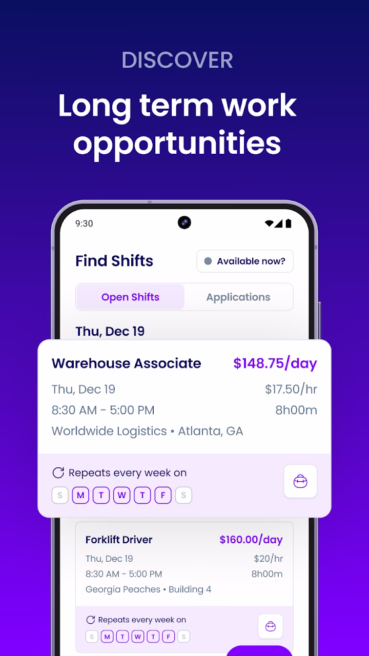 Official Traba Google Play preview showing warehouse and forklift shifts in its app