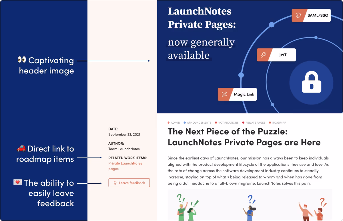 LaunchNotes sample release-note layout with linked roadmap item and feedback action