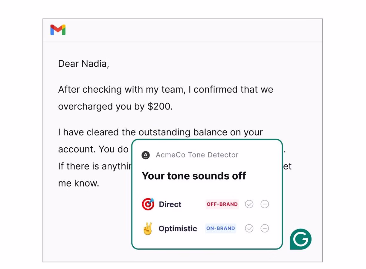 Grammarly tone suggestions in email, official Grammarly screenshot