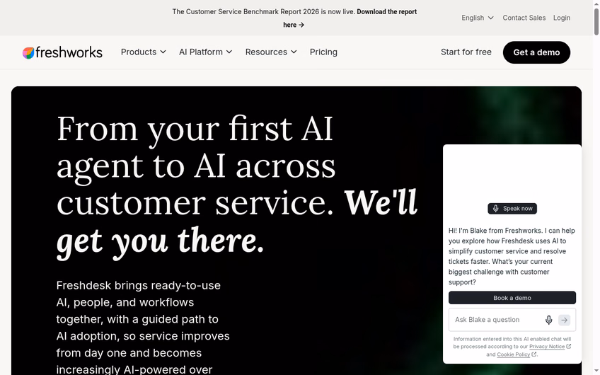 Freshdesk homepage showing its AI-powered customer service platform from Freshworks