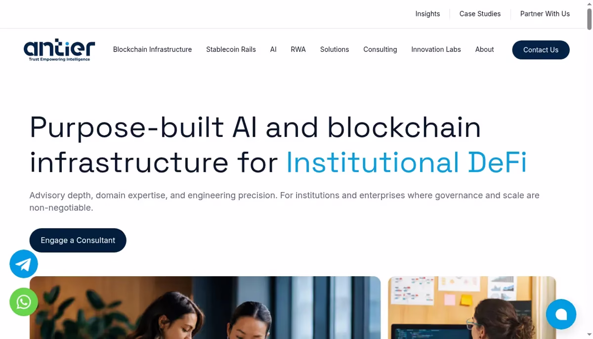 Antier official homepage showing enterprise AI and blockchain infrastructure services