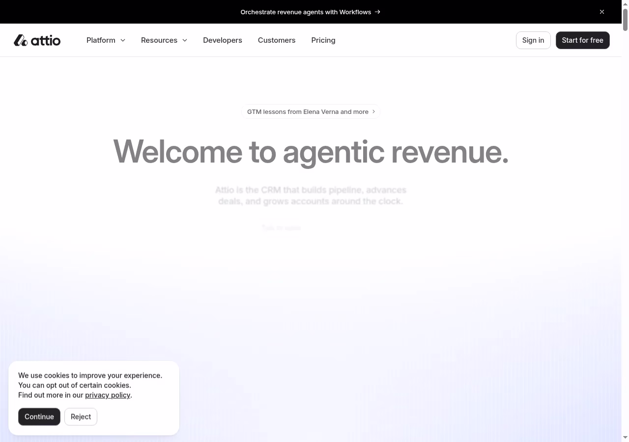 Attio official website hero showing its CRM product positioning