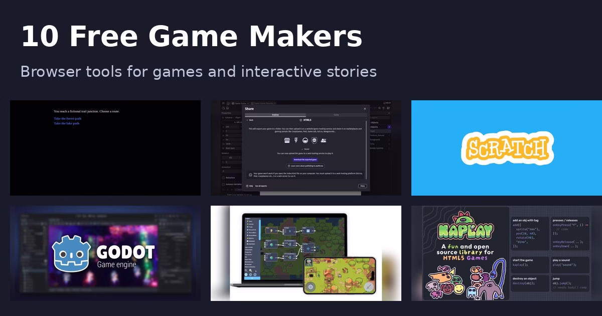 Collage of free game maker tools including Twine, GDevelop, Scratch, Godot, Flowlab and KAPLAY under the title 10 Free Game Makers