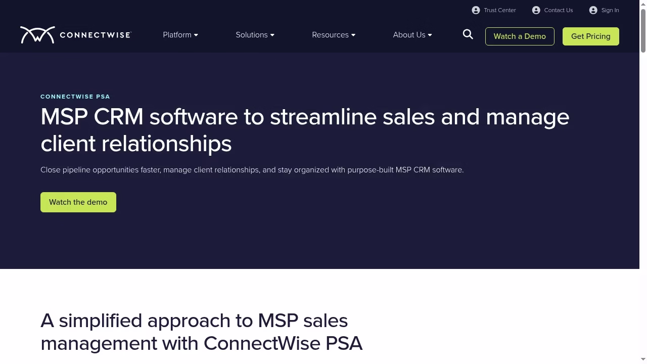 ConnectWise PSA official website hero showing its CRM product positioning