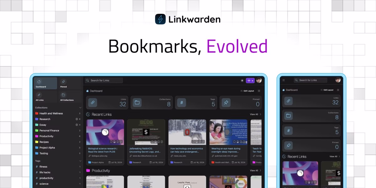 Linkwarden homepage banner for the open-source bookmark manager that collects, reads, annotates and preserves links