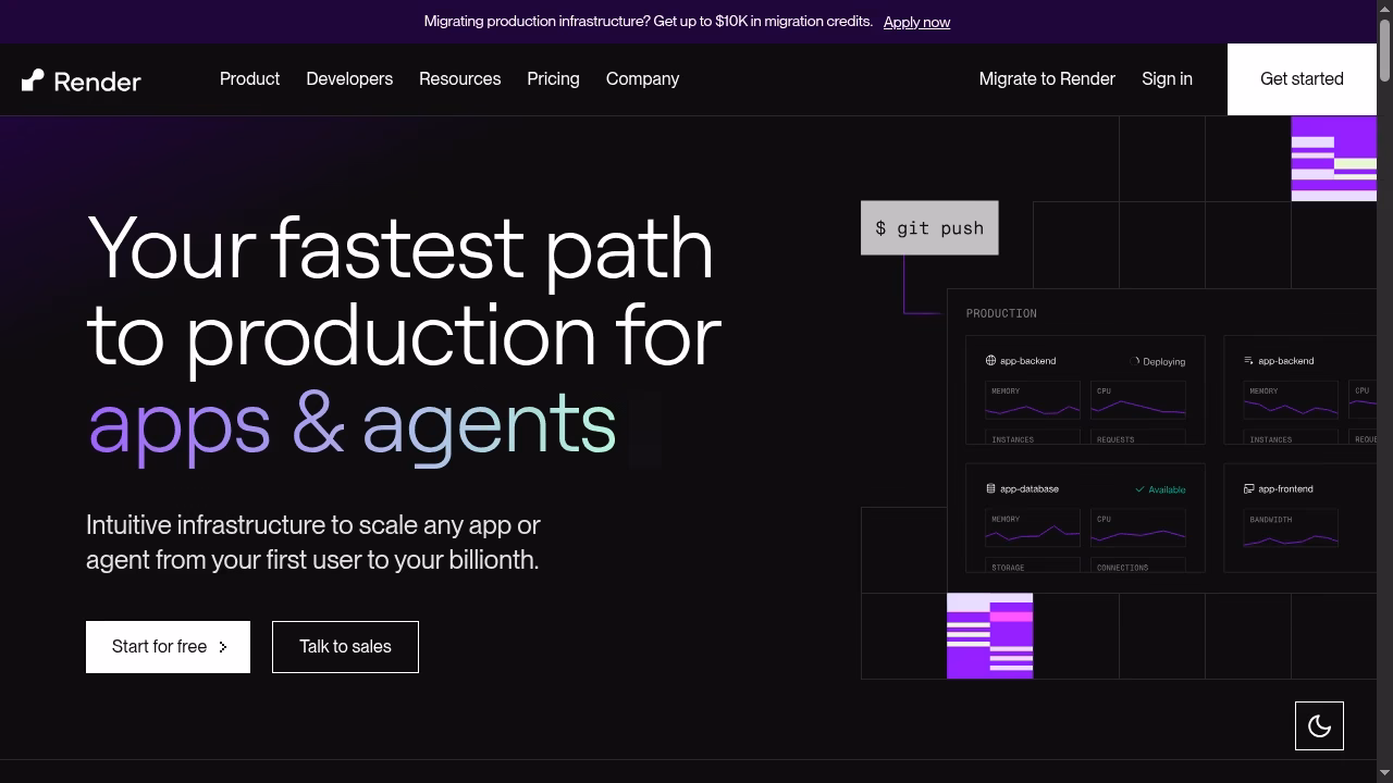 Render official homepage showing Git deployment and application infrastructure