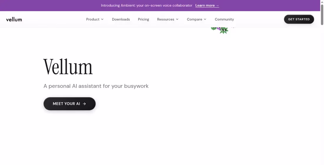 Vellum homepage describing a personal AI assistant for busywork