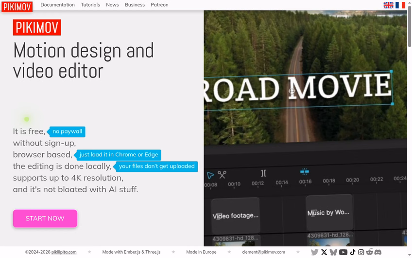 Pikimov homepage describing a free browser-based motion design editor with no sign-up and no file uploads