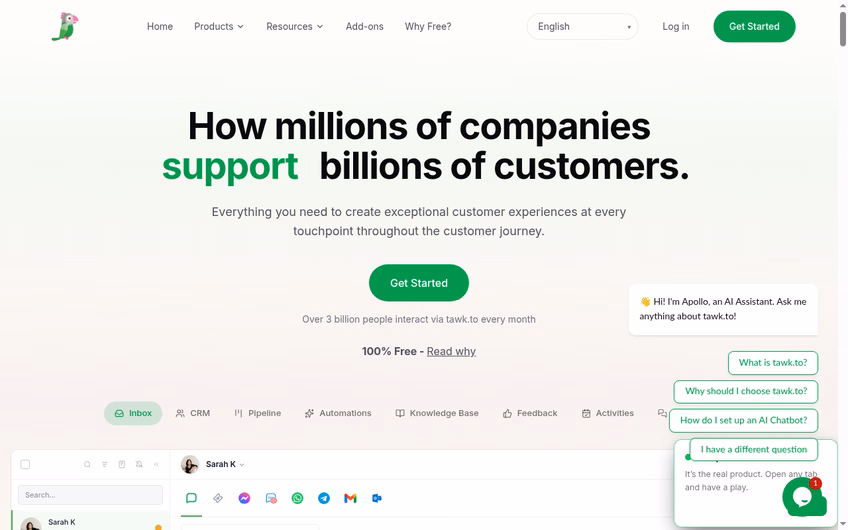Tawk.to homepage describing 100 percent free live chat used by millions of companies