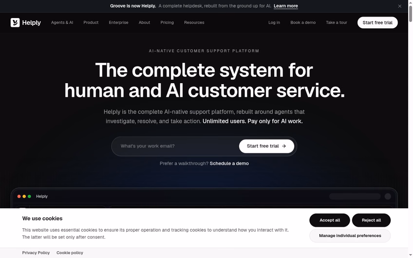 Helply homepage, formerly Groove, describing its AI-native customer support platform