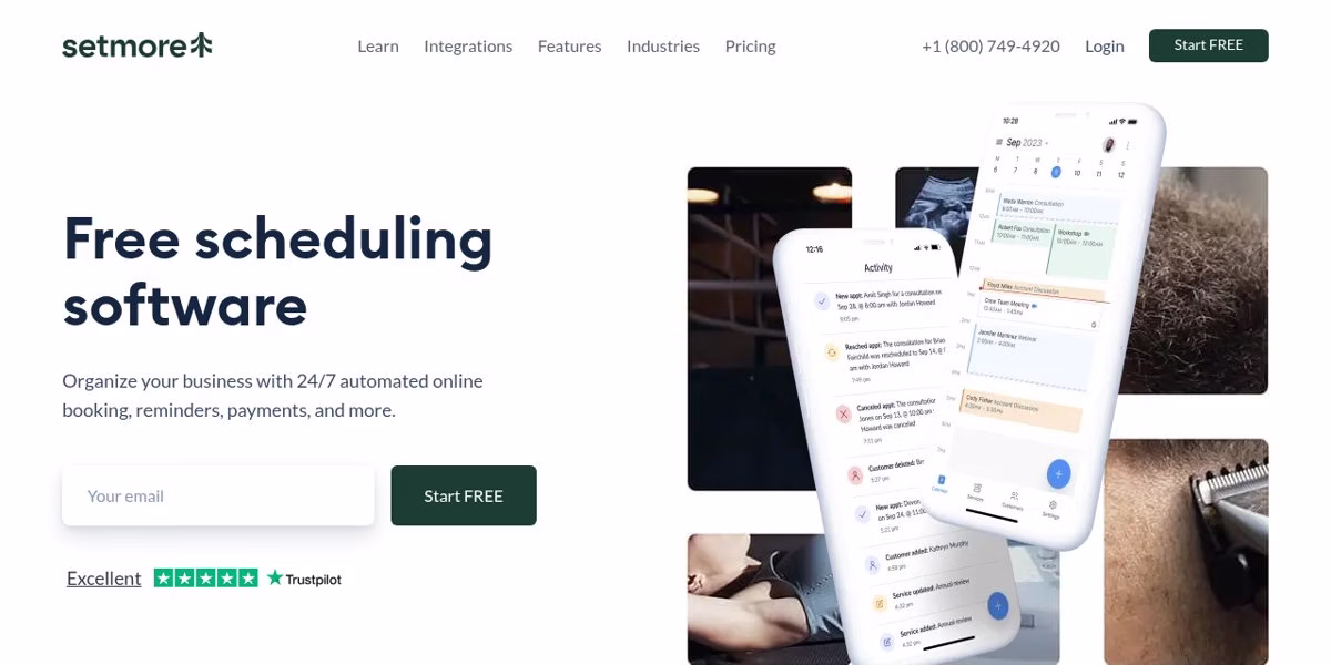 Setmore homepage headline Free scheduling software with a phone showing an appointment calendar