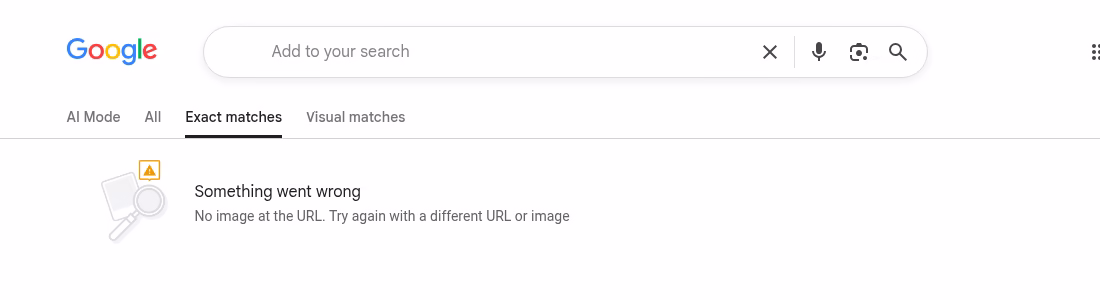 Actual Google Lens Exact matches error saying No image at the URL for the licensed landscape sample
