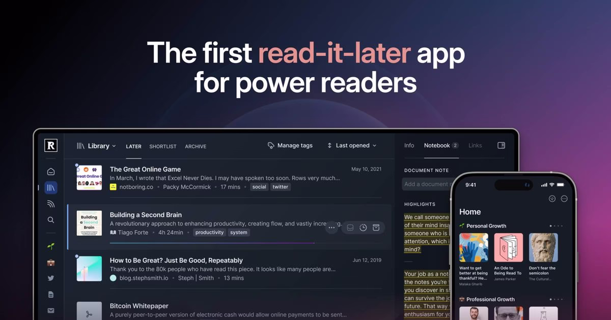 Readwise Reader homepage banner reading The first read-it-later app for power readers, with the library on a laptop and phone