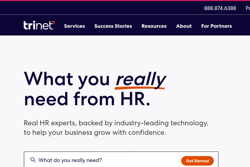 TriNet homepage promising real HR experts backed by industry-leading technology