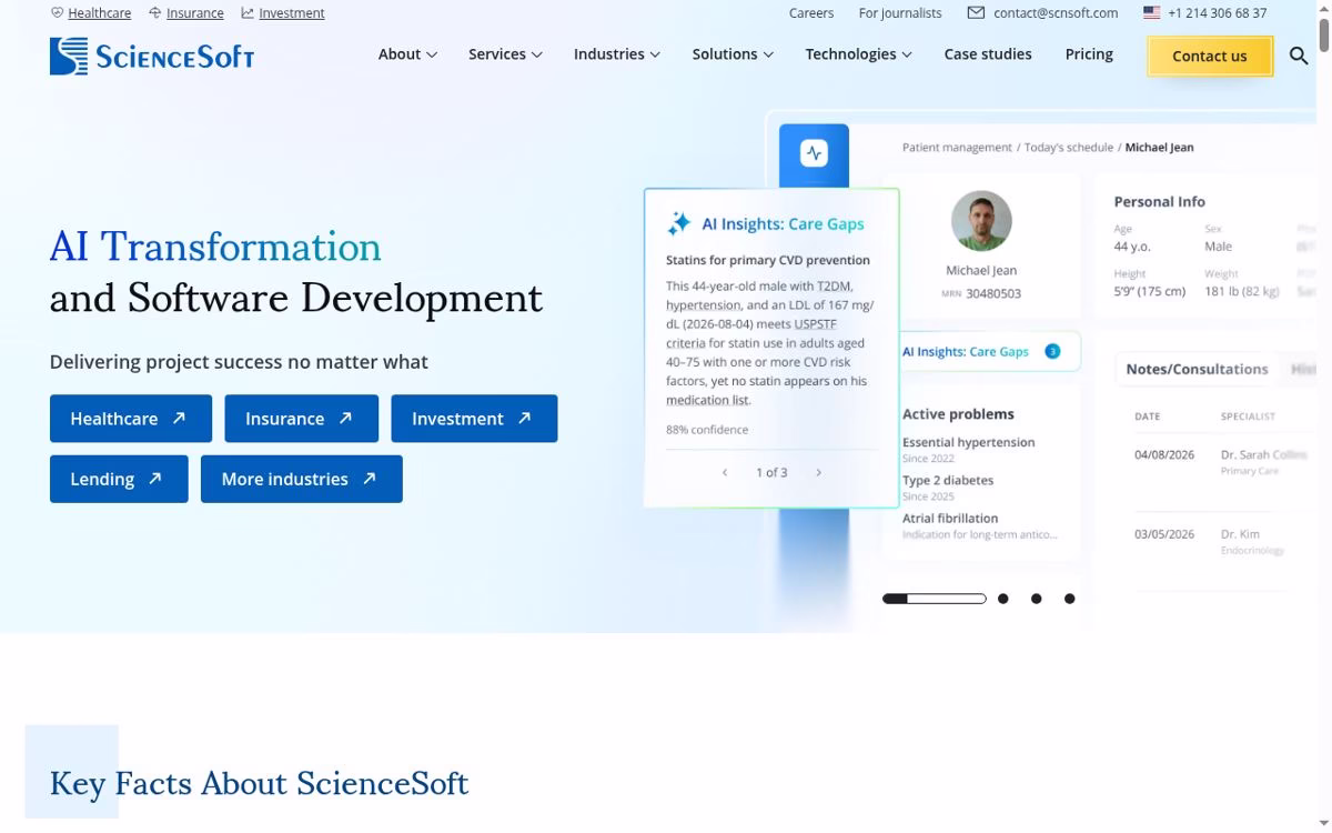 ScienceSoft desktop homepage showing its current company positioning