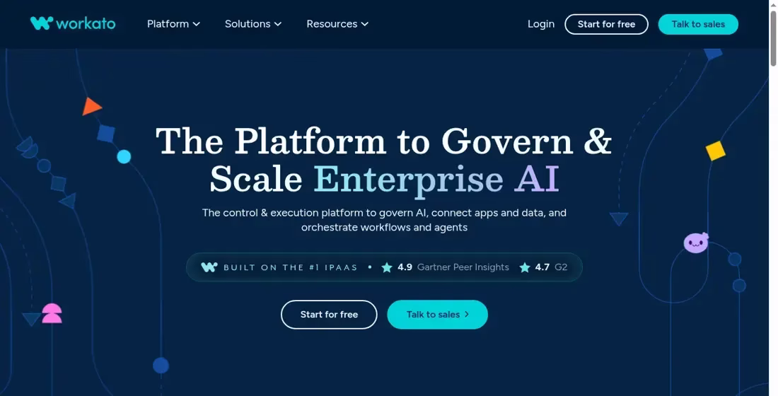 Workato homepage for governing and scaling enterprise AI