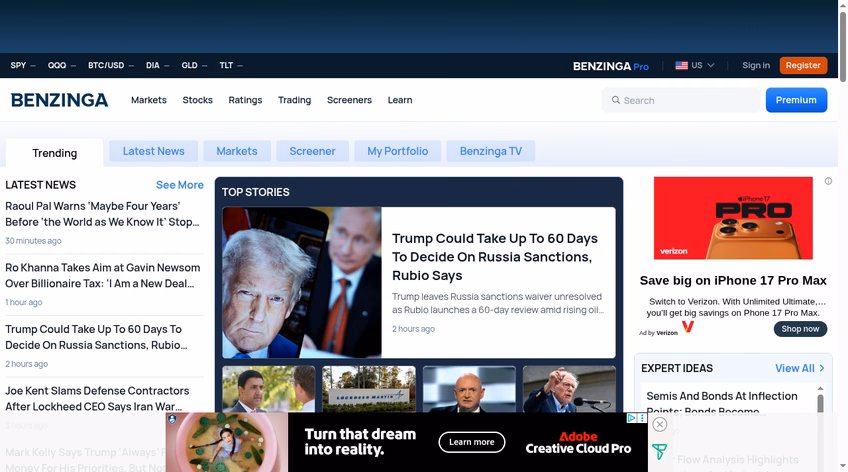 Benzinga homepage with market news, analyst ratings, and Benzinga Pro premium option