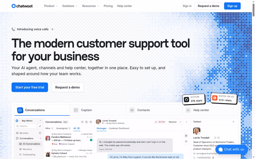 Chatwoot homepage presenting an open-source modern customer support tool with AI agent, channels and help center