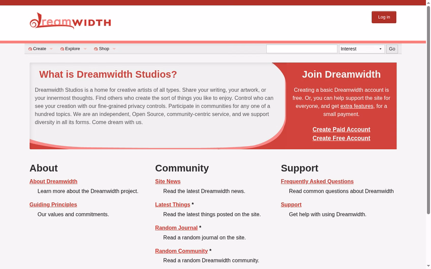Dreamwidth homepage in October 2026, describing itself as a home for creative artists of all types