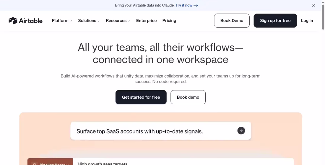 Airtable homepage showing connected team workflows in one workspace