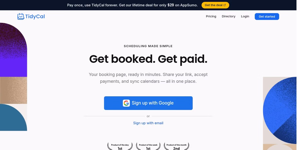 TidyCal homepage with the headline Get booked. Get paid. and a Google sign-up button
