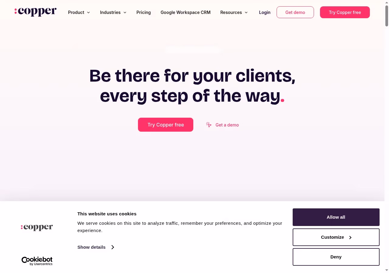 Copper official website hero showing its CRM product positioning