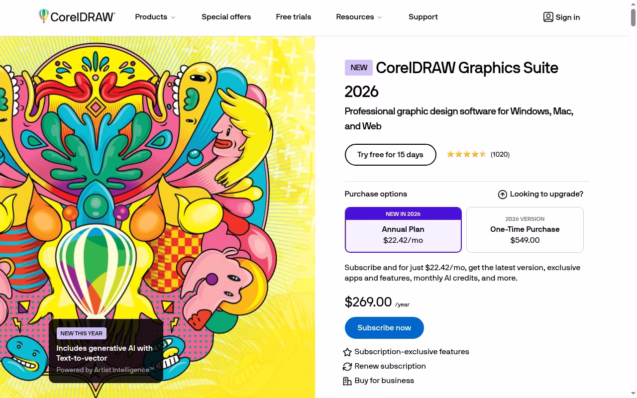CorelDRAW official website hero showing graphics and production design