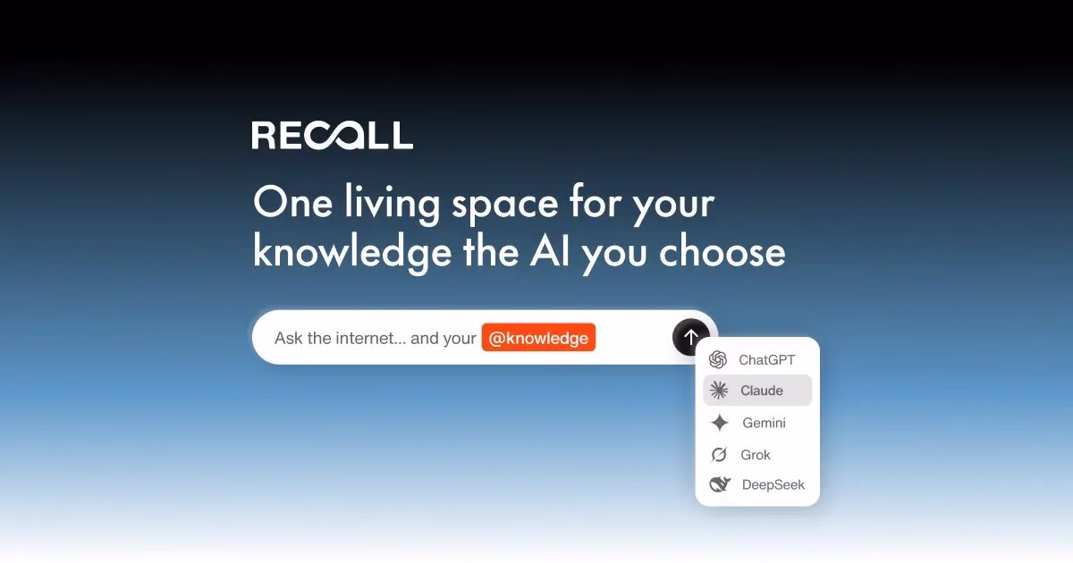 Recall AI knowledge base preview showing saved articles and summaries