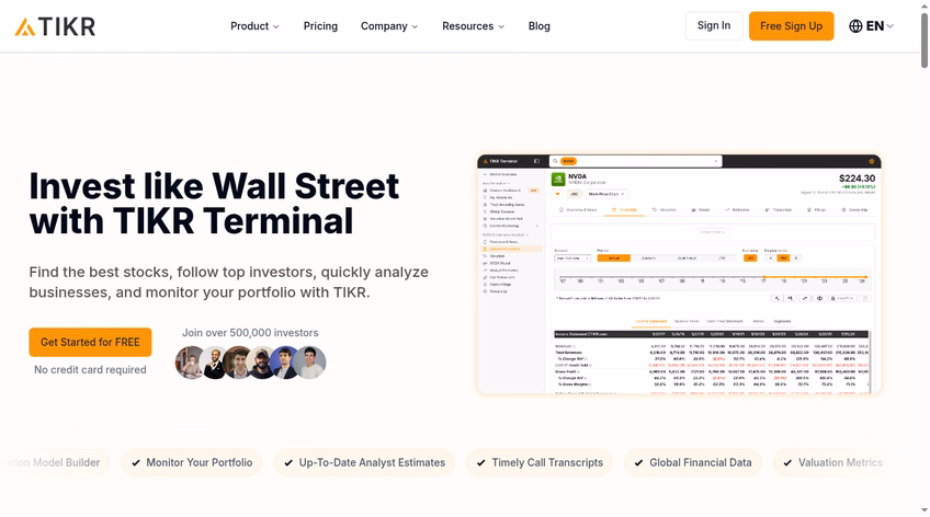 TIKR homepage showing its terminal for finding stocks and tracking portfolios