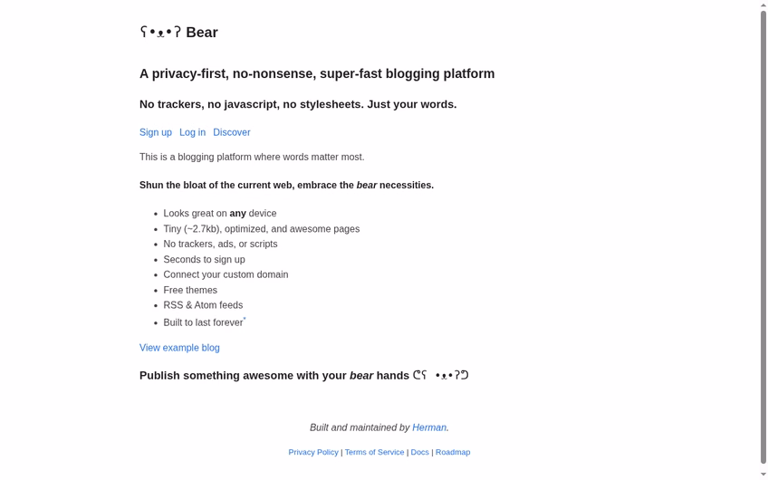 Bear Blog homepage in October 2026, describing a privacy-first, no-nonsense, super-fast blogging platform