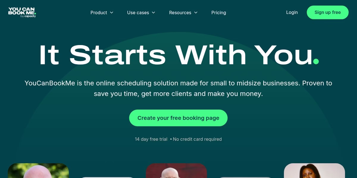YouCanBookMe homepage with the headline It Starts With You on a dark teal background