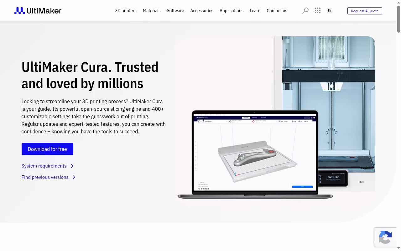 UltiMaker Cura official website hero showing filament slicing