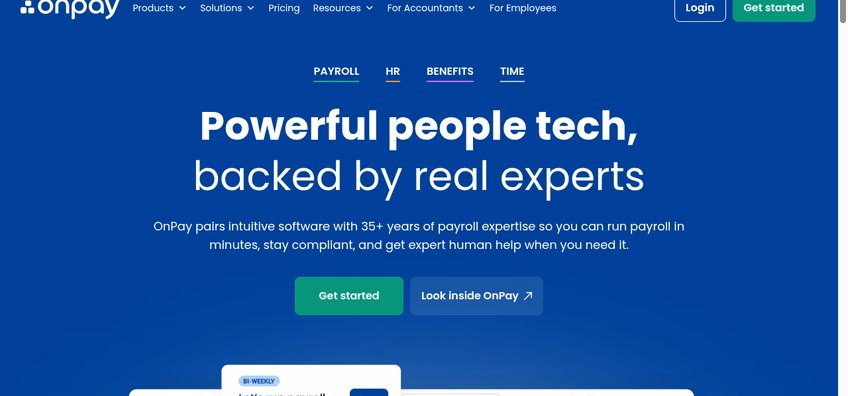 OnPay homepage showing top-rated payroll services backed by 35 plus years of expertise
