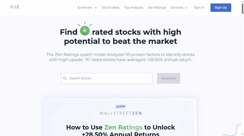 Wall Street Zen homepage describing its Zen Ratings quant model analyzing 115 factors