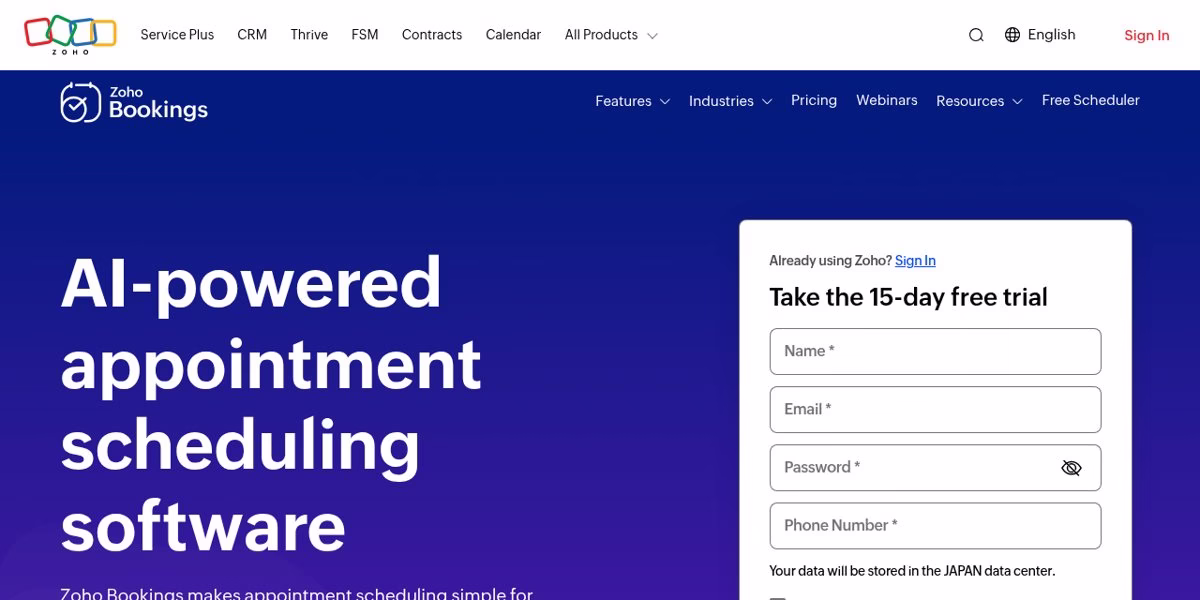 Zoho Bookings homepage headline AI-powered appointment scheduling software with a sign-up form