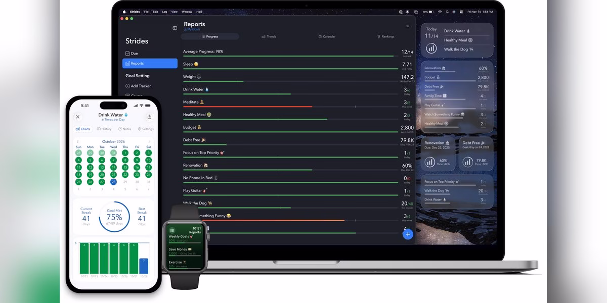 Strides goal and habit tracker shown on a laptop and phone