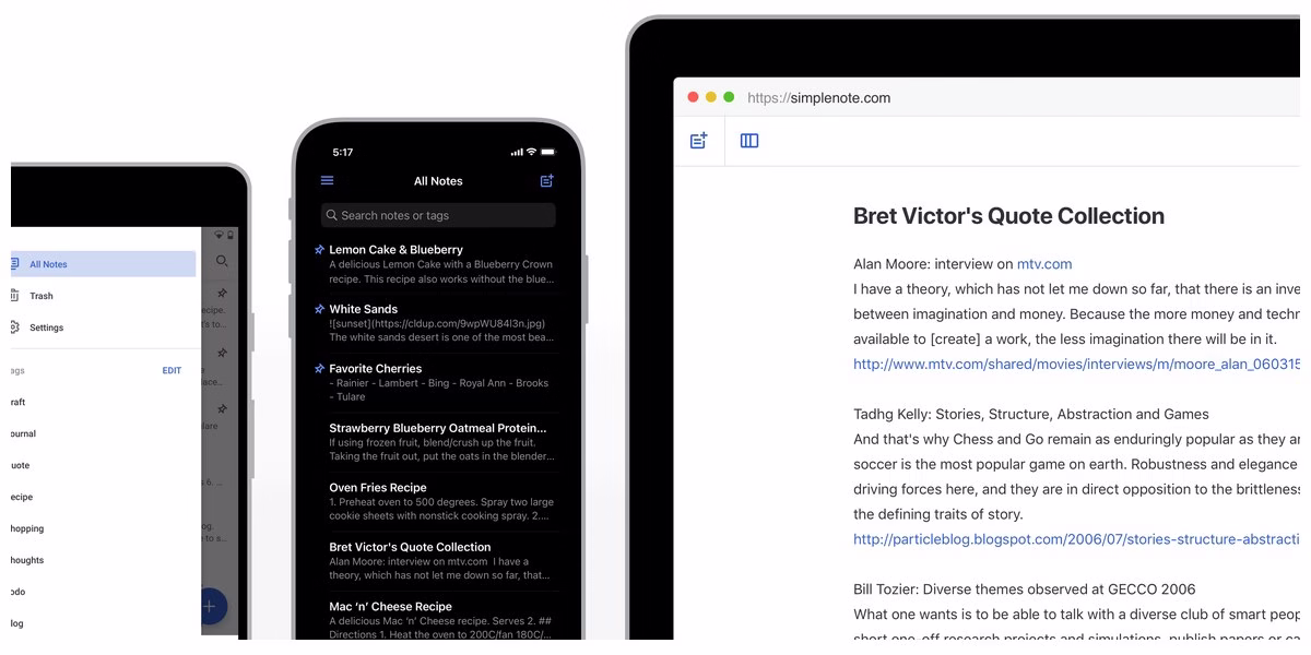 Simplenote homepage image showing the app on several devices