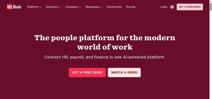 HiBob homepage presenting an all-in-one HR platform connecting people, payroll, and finance