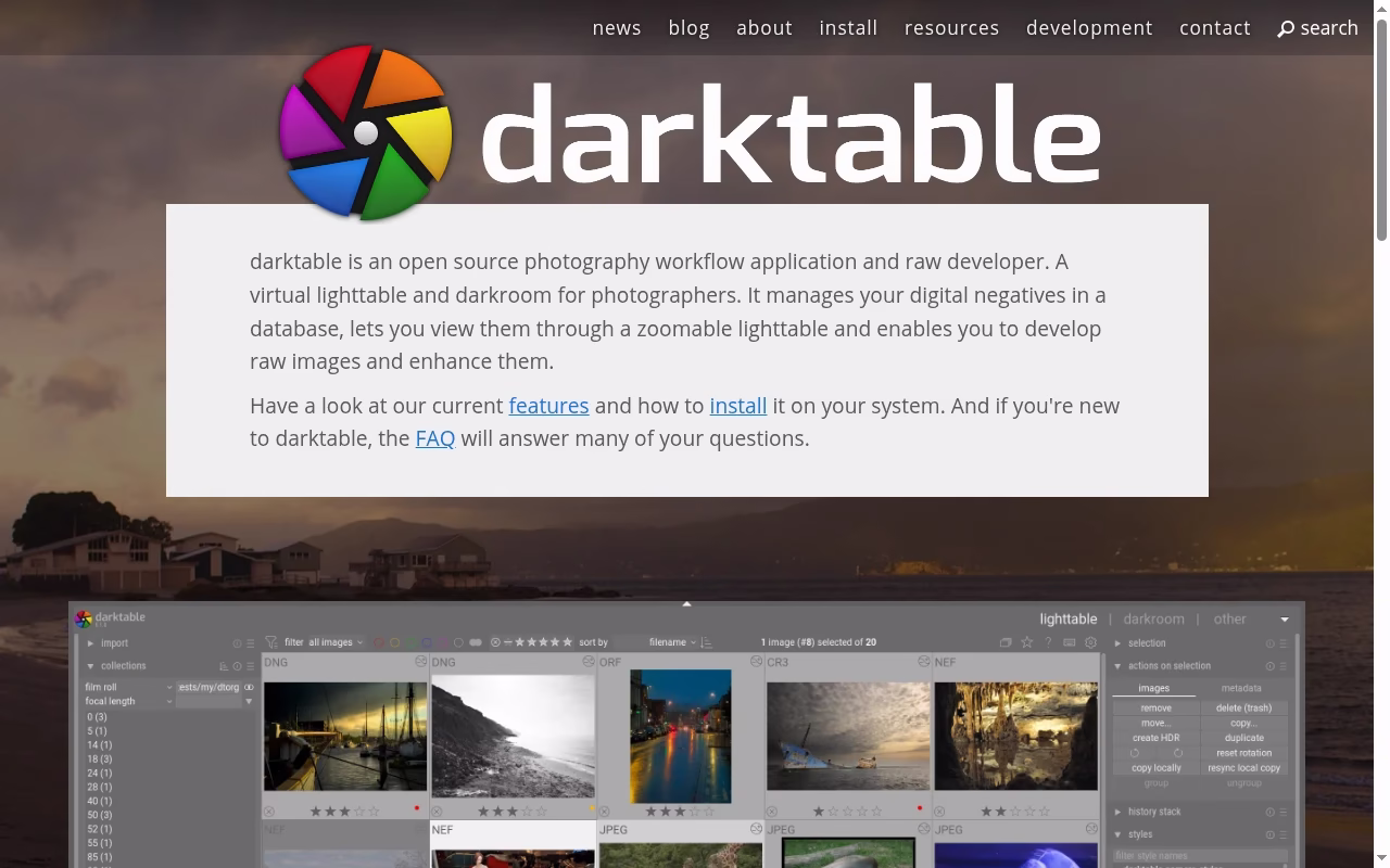 darktable official website hero showing free organized RAW development