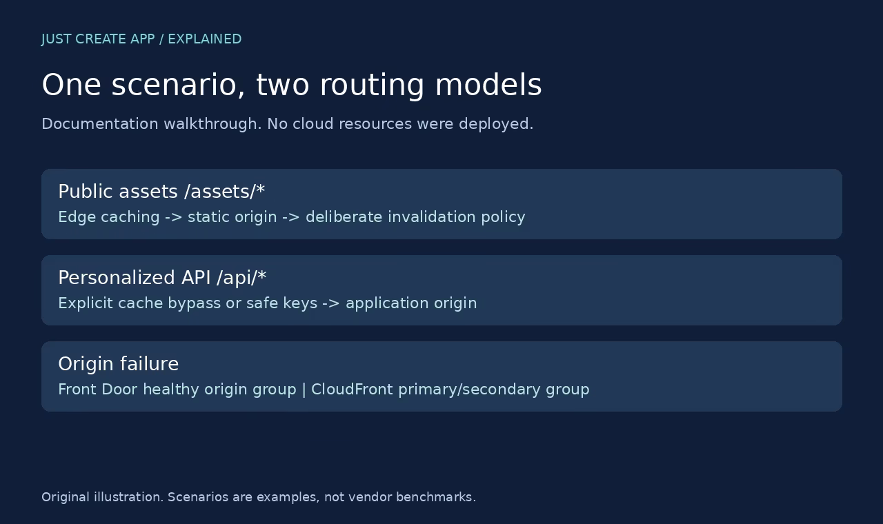 Original same-scenario diagram separating static assets, personalized API requests and origin failure